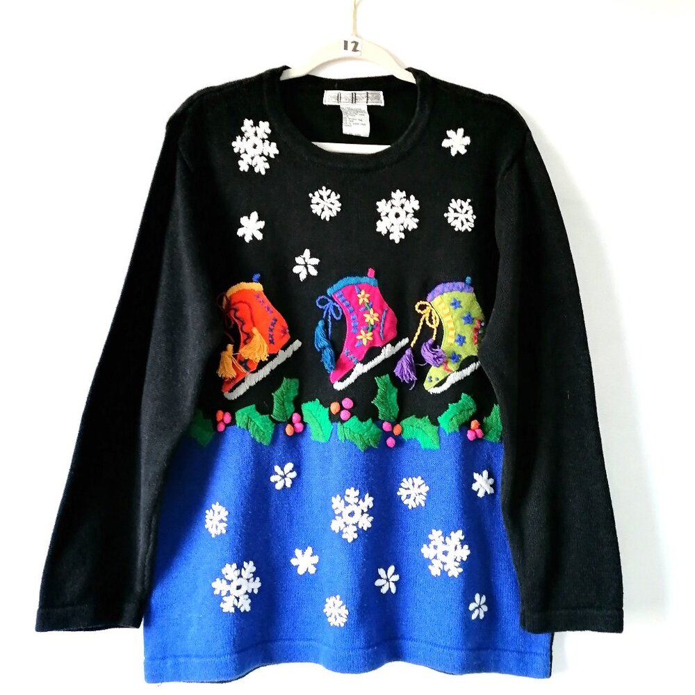 OHI Womens Black & BlueEmbroidered Snow Flake Sweater Size L